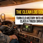 Truck driver with ELD showing zero violations and text: “The Clean Log Gold Mine — Turn ELD History into High-Yield Class A Truck Driver Jobs.