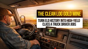 Truck driver with ELD showing zero violations and text: “The Clean Log Gold Mine — Turn ELD History into High-Yield Class A Truck Driver Jobs.