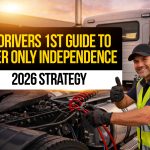 Truck driver connecting trailer lines with text: “The Drivers1st Guide to Power Only Independence 2026 Strategy.