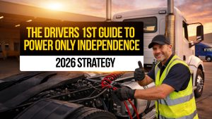 Truck driver connecting trailer lines with text: “The Drivers1st Guide to Power Only Independence 2026 Strategy.