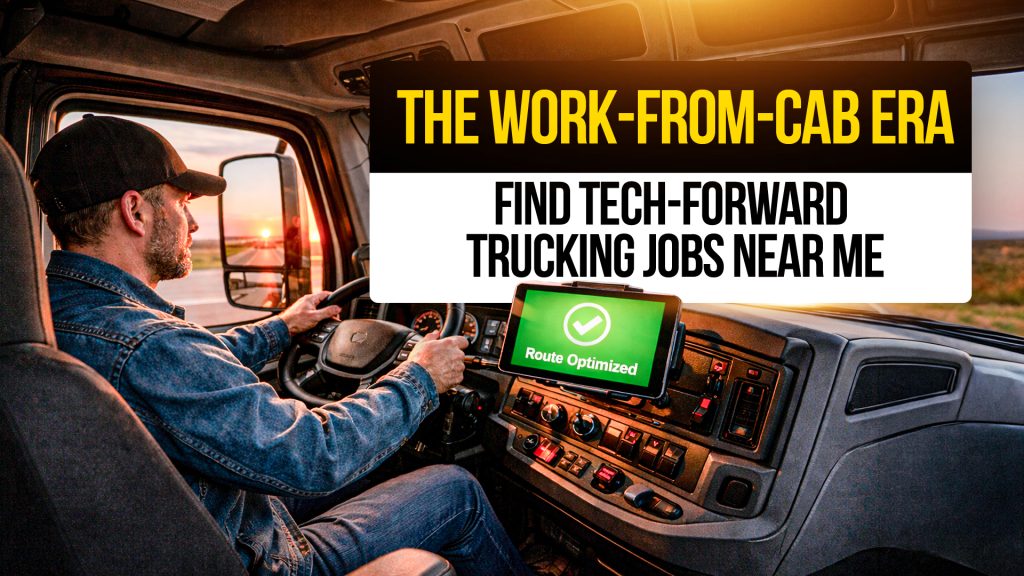Truck driver using route optimization tablet with text: “The Work-From-Cab Era, Find Tech-Forward Trucking Jobs Near Me.