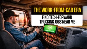 Truck driver using route optimization tablet with text: “The Work-From-Cab Era, Find Tech-Forward Trucking Jobs Near Me.
