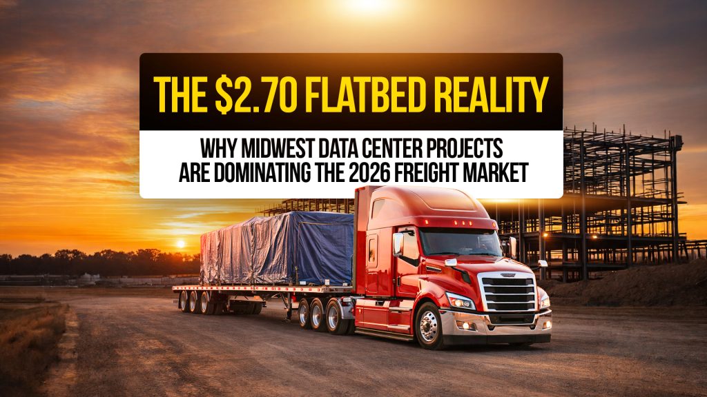 Red flatbed truck at construction site with text: “The $2.70 Flatbed Reality, Why Midwest Data Center Projects Are Dominating the 2026 Freight Market.”
