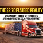 Red flatbed truck at construction site with text: “The $2.70 Flatbed Reality, Why Midwest Data Center Projects Are Dominating the 2026 Freight Market.”