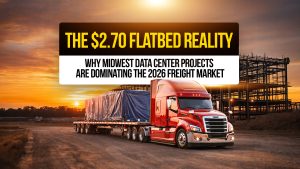 Red flatbed truck at construction site with text: “The $2.70 Flatbed Reality, Why Midwest Data Center Projects Are Dominating the 2026 Freight Market.”