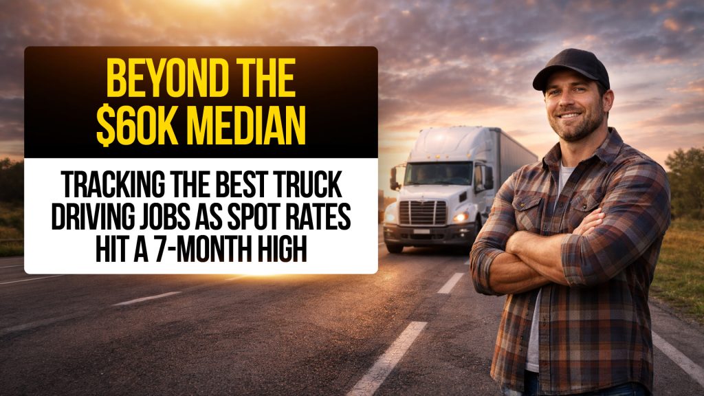Truck driver standing by semi-truck at sunset with text about best truck driving jobs and spot rates hitting a 7-month high.