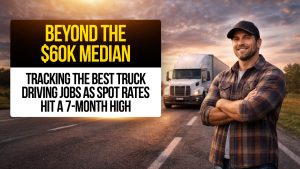 Truck driver standing by semi-truck at sunset with text about best truck driving jobs and spot rates hitting a 7-month high.