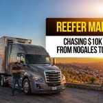Reefer truck and driver overlooking Nogales, Arizona at sunset with text about chasing $10K loads from Nogales to Boston.