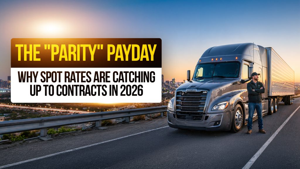 Truck driver standing by semi-truck overlooking city at sunset with text about spot rates catching up to contract rates in 2026.
