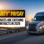 Truck driver standing by semi-truck overlooking city at sunset with text about spot rates catching up to contract rates in 2026.