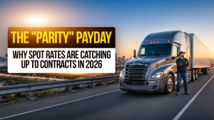 Truck driver standing by semi-truck overlooking city at sunset with text about spot rates catching up to contract rates in 2026.