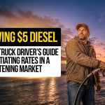 Truck driver fueling semi-truck at sunset with text about surviving $5 diesel and negotiating rates in a tightening market.