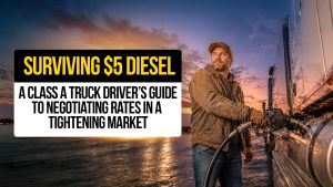 Truck driver fueling semi-truck at sunset with text about surviving $5 diesel and negotiating rates in a tightening market.