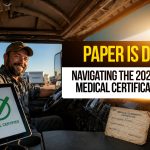 Truck driver holding tablet showing “Medical Certified” with old paper certificate, highlighting shift to digital FMCSA medical certification in 2026.