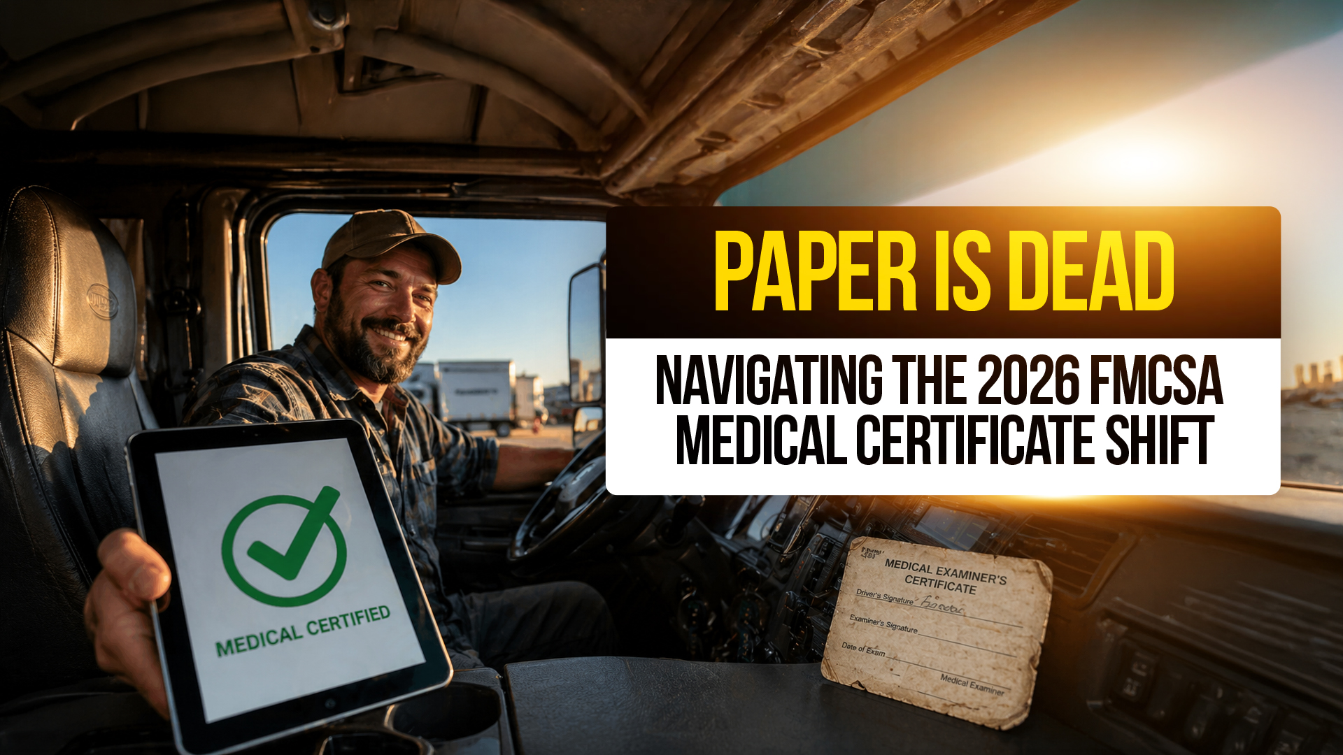 Truck driver holding tablet showing “Medical Certified” with old paper certificate, highlighting shift to digital FMCSA medical certification in 2026.