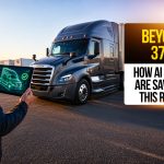 Trucking professional using AI inspection software on a tablet next to a semi-truck, highlighting AI pre-audits and Roadcheck compliance preparation.