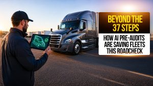 Trucking professional using AI inspection software on a tablet next to a semi-truck, highlighting AI pre-audits and Roadcheck compliance preparation.