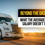 Truck driver standing next to a white semi-truck at sunrise, representing hidden factors behind trucking salaries and real driver earnings.