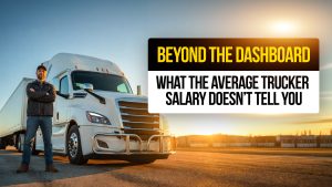 Truck driver standing next to a white semi-truck at sunrise, representing hidden factors behind trucking salaries and real driver earnings.
