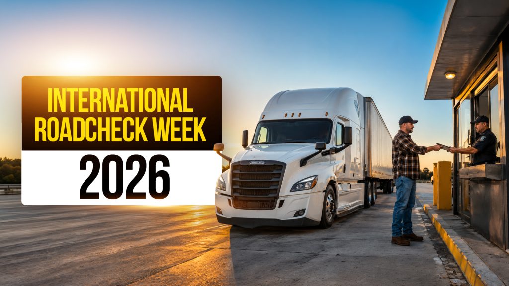 White semi-truck at a roadside inspection checkpoint during International Roadcheck Week 2026, with driver submitting documents to an officer.