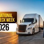 White semi-truck at a roadside inspection checkpoint during International Roadcheck Week 2026, with driver submitting documents to an officer.