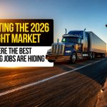 Semi-truck traveling on a highway at sunset with veteran driver profile image promoting guidance on finding the best trucking jobs in the 2026 freight market.