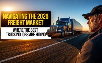 Semi-truck traveling on a highway at sunset with veteran driver profile image promoting guidance on finding the best trucking jobs in the 2026 freight market.
