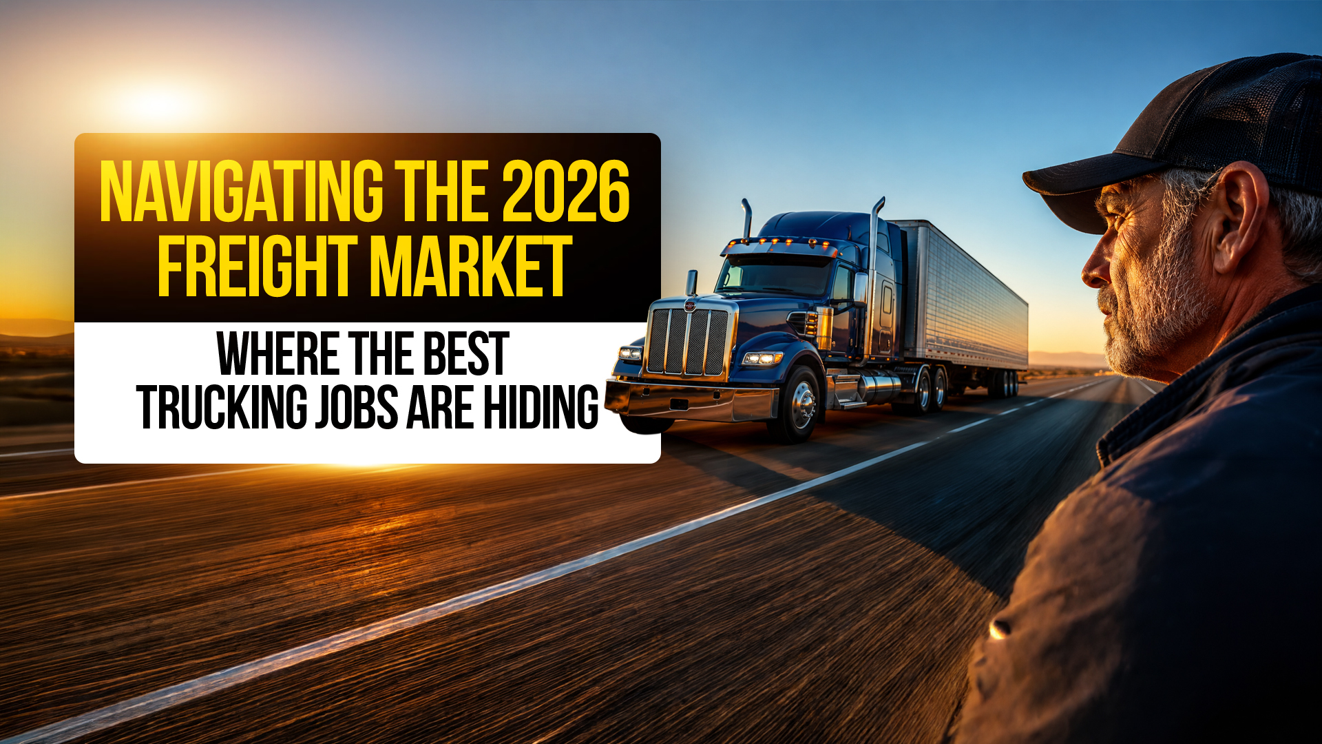Semi-truck traveling on a highway at sunset with veteran driver profile image promoting guidance on finding the best trucking jobs in the 2026 freight market.