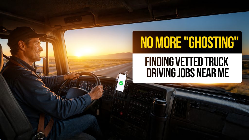 Truck driver driving at sunrise with verified job app on dashboard promoting vetted local trucking jobs and reliable hiring opportunities.