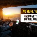 Truck driver driving at sunrise with verified job app on dashboard promoting vetted local trucking jobs and reliable hiring opportunities.