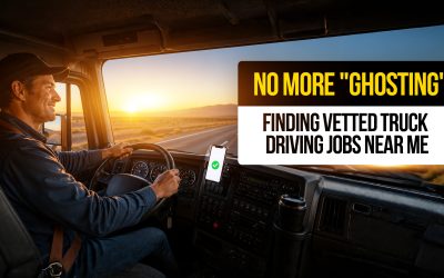 Truck driver driving at sunrise with verified job app on dashboard promoting vetted local trucking jobs and reliable hiring opportunities.
