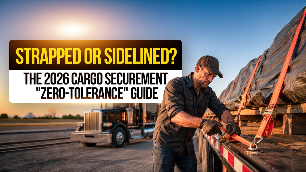 Truck driver securing flatbed cargo with ratchet straps, highlighting 2026 cargo securement and roadside inspection compliance rules.