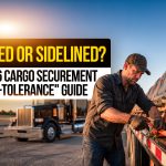 Truck driver securing flatbed cargo with ratchet straps, highlighting 2026 cargo securement and roadside inspection compliance rules.