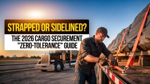 Truck driver securing flatbed cargo with ratchet straps, highlighting 2026 cargo securement and roadside inspection compliance rules.