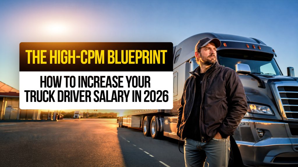 Professional truck driver beside a semi-truck at sunset illustrating strategies to increase trucking income and cents-per-mile earnings in 2026.