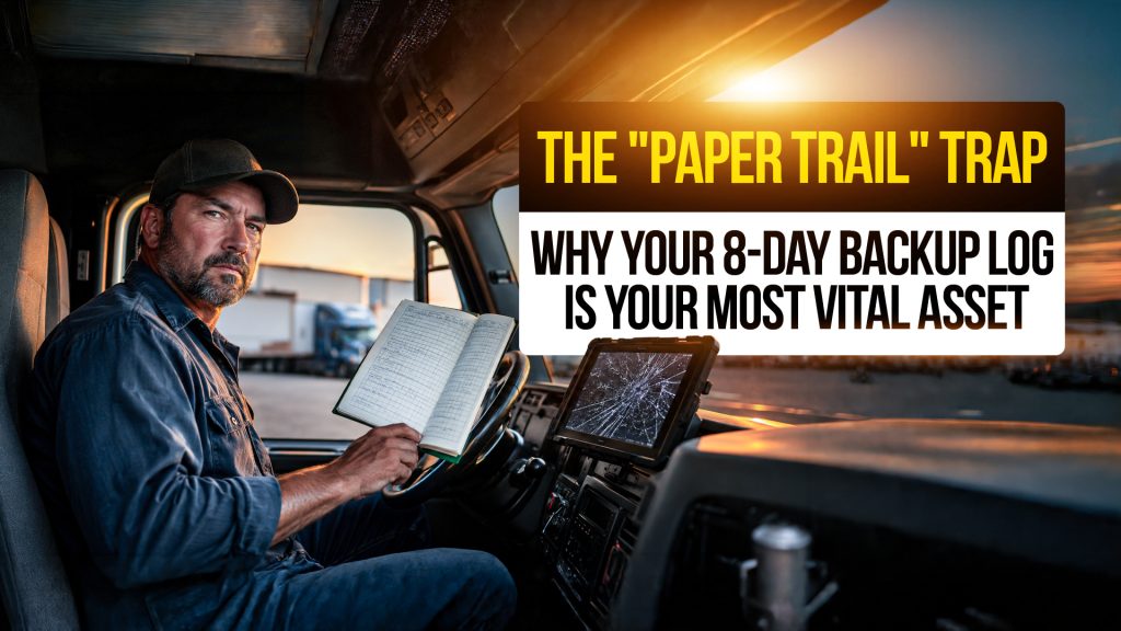 Truck driver holding a paper logbook next to a broken ELD screen, emphasizing the importance of backup logs during electronic logging failures and compliance inspections.