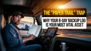 Truck driver holding a paper logbook next to a broken ELD screen, emphasizing the importance of backup logs during electronic logging failures and compliance inspections.