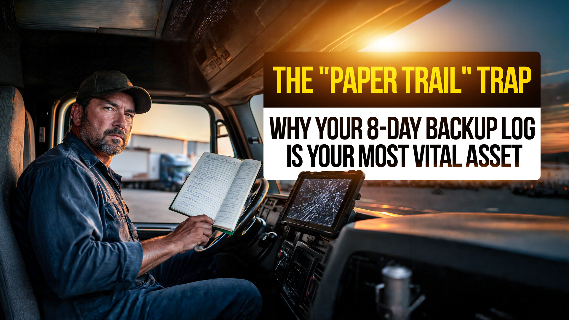 Truck driver holding a paper logbook next to a broken ELD screen, emphasizing the importance of backup logs during electronic logging failures and compliance inspections.