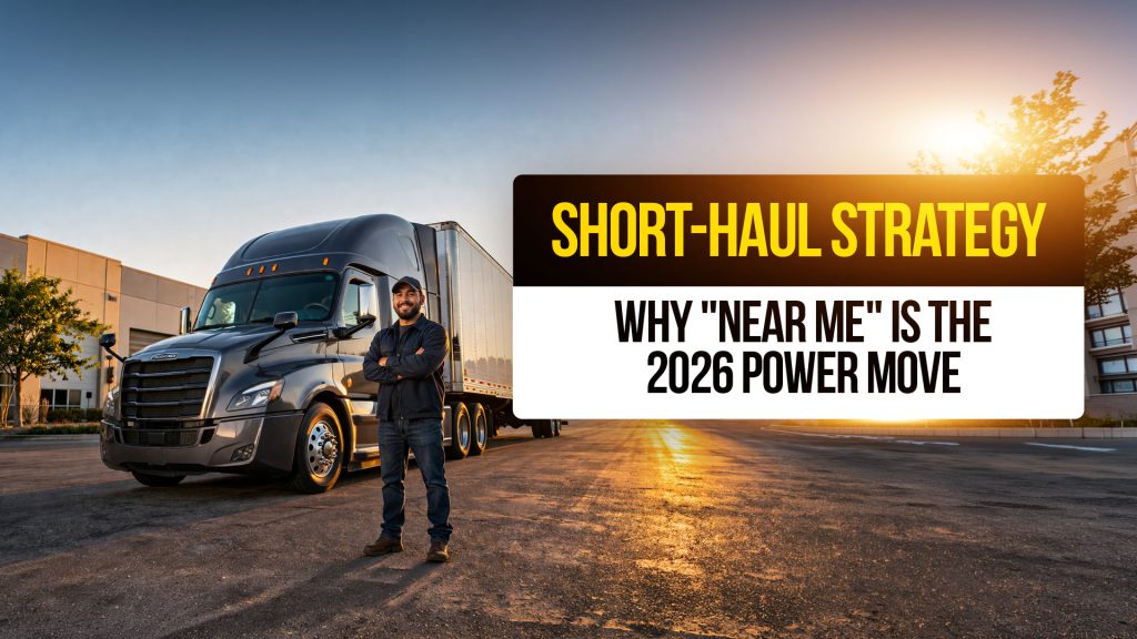 Truck driver standing in front of semi-truck at sunrise with text about short-haul strategy and why “near me” jobs are key in 2026.