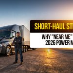 Truck driver standing in front of semi-truck at sunrise with text about short-haul strategy and why “near me” jobs are key in 2026.