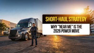 Truck driver standing in front of semi-truck at sunrise with text about short-haul strategy and why “near me” jobs are key in 2026.