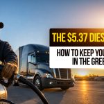 Truck driver pumping diesel with price at $5.37, highlighting rising fuel costs and strategies to maintain profitable cost per mile.