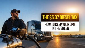Truck driver pumping diesel with price at $5.37, highlighting rising fuel costs and strategies to maintain profitable cost per mile.